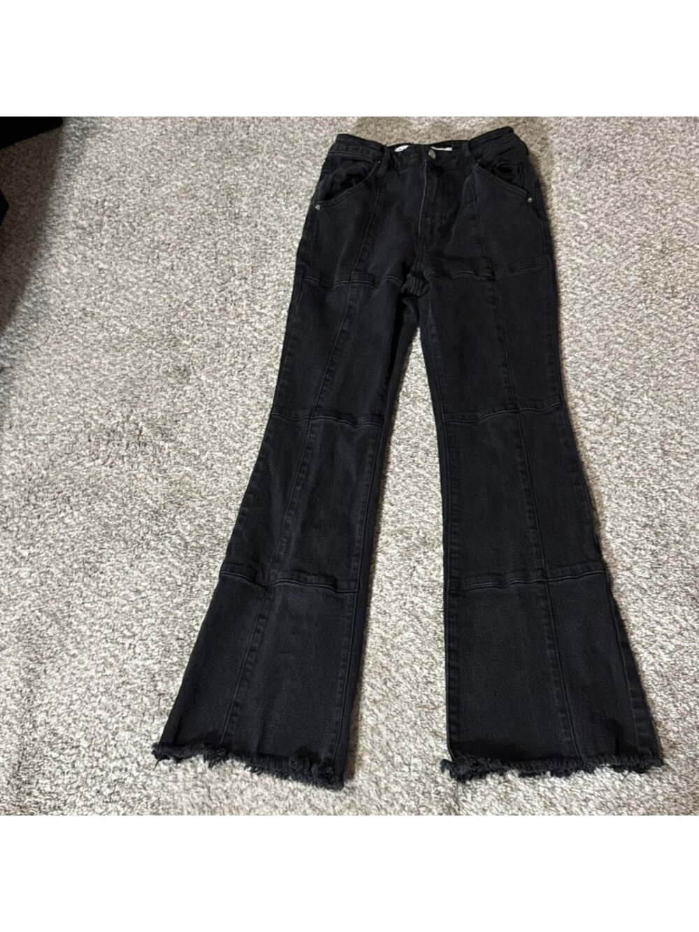 Tinseltown Flare Jeans Women's Size 5 Washed Black Frayed Hem Patchwork Style